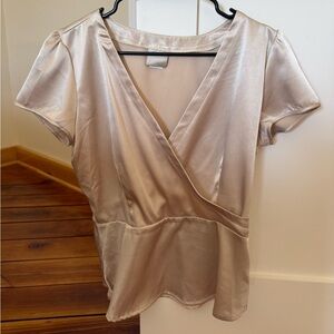 Satin Wrap-Front Short Sleeve Dress in Light Champagne